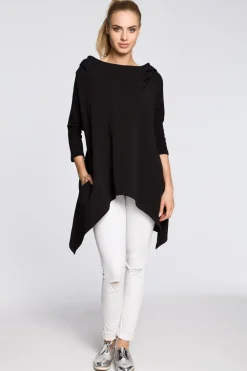 Outlet Asymetryczna peleryna damska z kapturem - czarna Tuniki|Bluzy