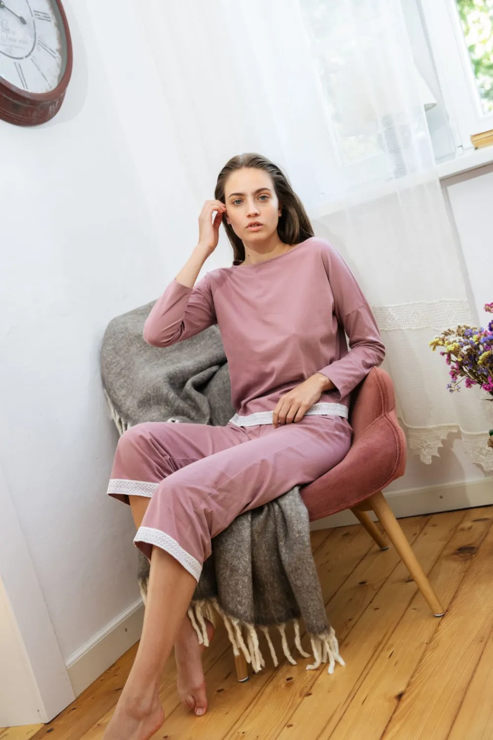 Discount Bawełniany kopet piżay z koronką - wrzoowy Piżamy|Komplety