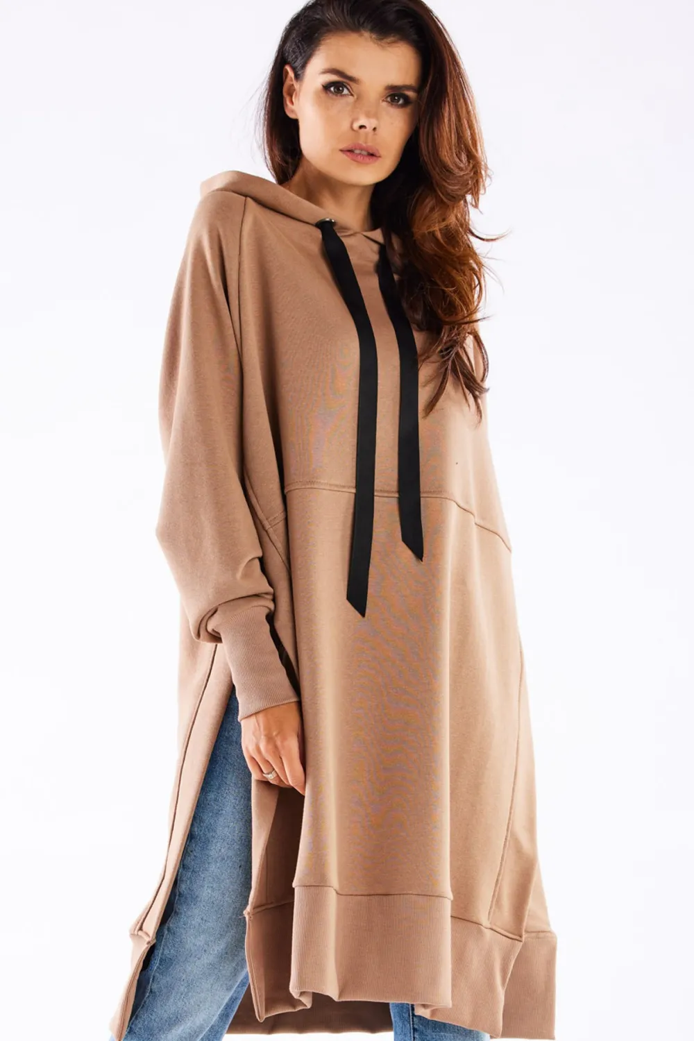Hot Bluza oversize z rozcięciami po bokach - beżowa Odzież Casualowa|Dobry Skład