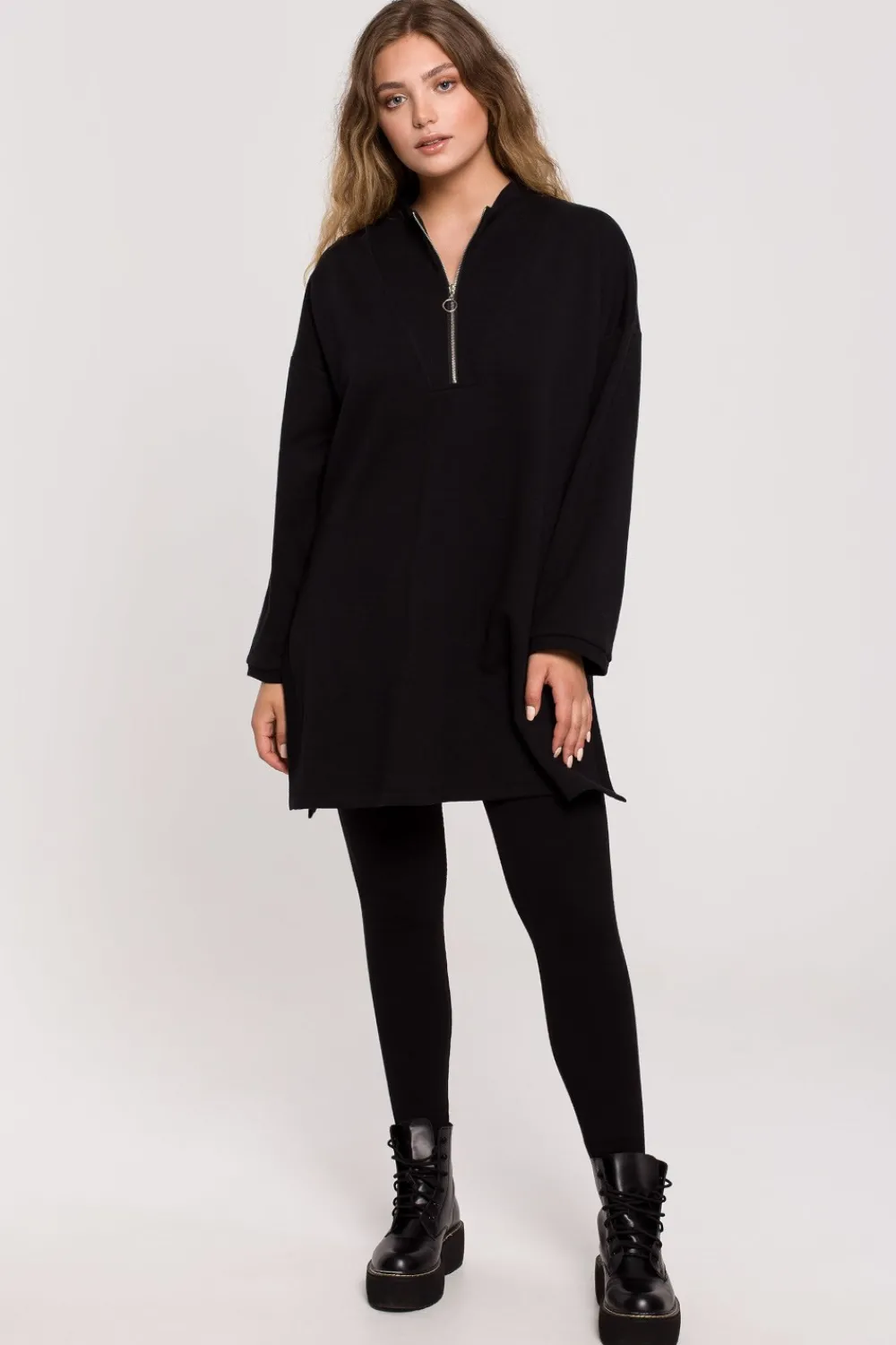 Hot Bluza - tunika z zamkiem i rozporkami po bokach - czarna Odzież Casualowa|Tuniki