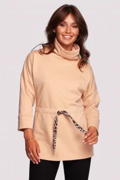 Buza z gofe o przedłużony kroju - beżowa Odzież Casualowa|Bluzy