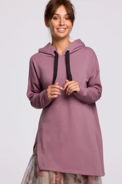 Bluza z kapturem i asymetrycznym rozcięciem - wrzosowa Odzież Casualowa|Bluzy
