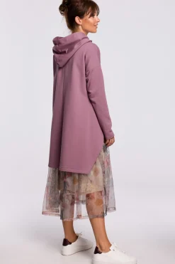 Bluza z kapturem i asymetrycznym rozcięciem - wrzosowa Odzież Casualowa|Bluzy