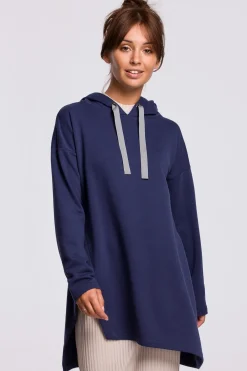 Bluza z kapturem i asymetrycznym rozcięciem - niebieska Odzież Casualowa|Bluzy