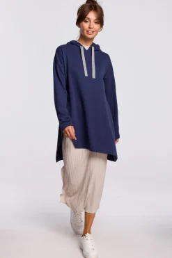 Bluza z kapturem i asymetrycznym rozcięciem - niebieska Odzież Casualowa|Bluzy