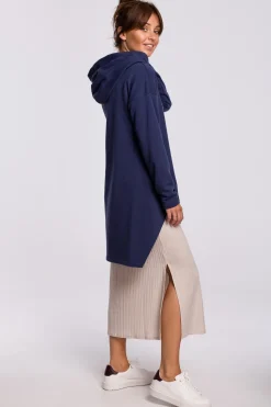 Bluza z kapturem i asymetrycznym rozcięciem - niebieska Odzież Casualowa|Bluzy