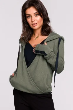 Buza z kapture i przode na zakładkę - khaki Odzież Casualowa|Bluzy