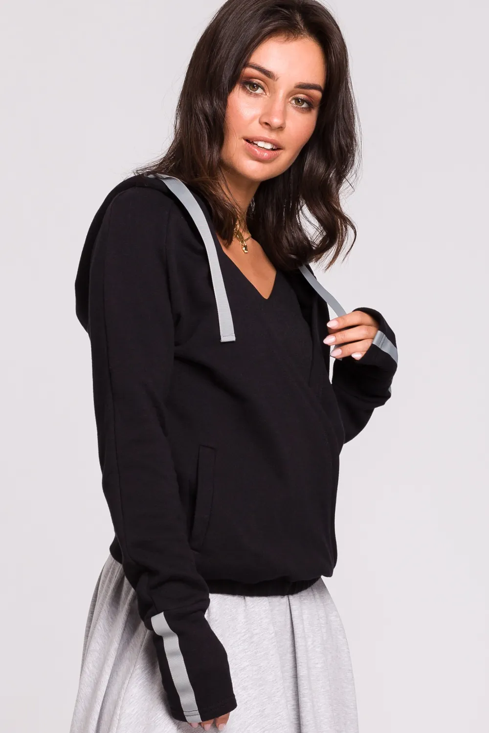 New Buza z kapture i przode na zakładkę - czarna Odzież Casualowa|Bluzy