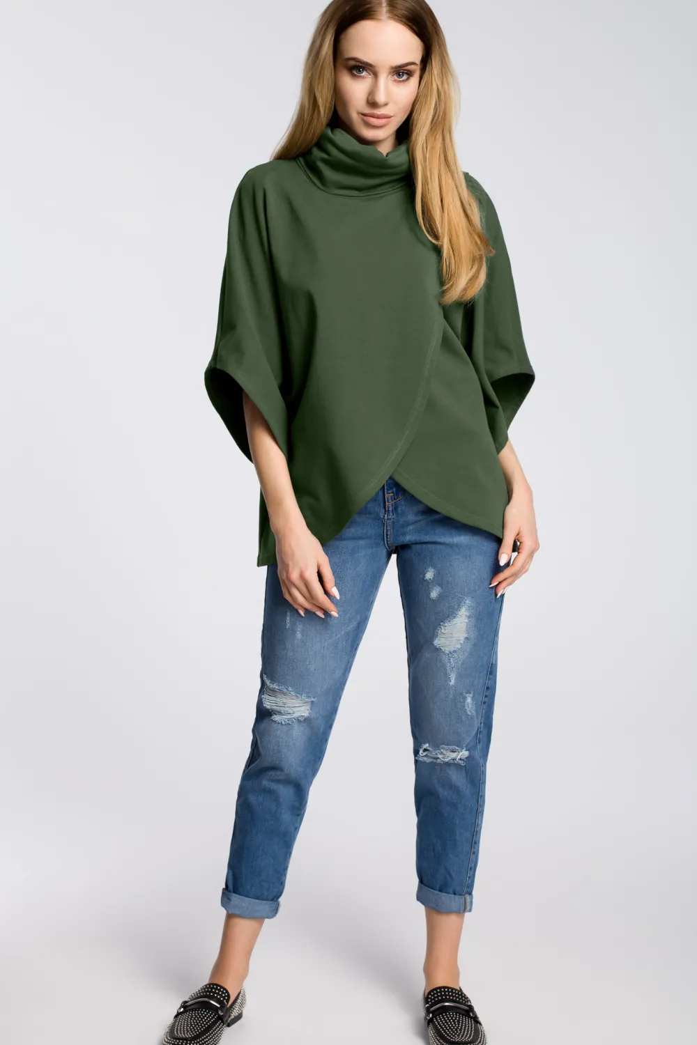 Bluzka na zakładkę z szerokimi rękawami - militarno-zielona Bluzy