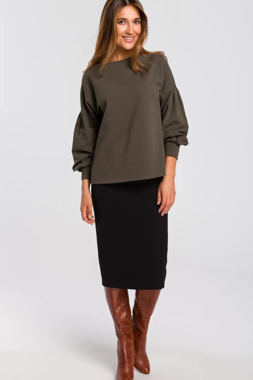Sale Bluzka z bufiastymi rękawami - oliwkowa Bluzy