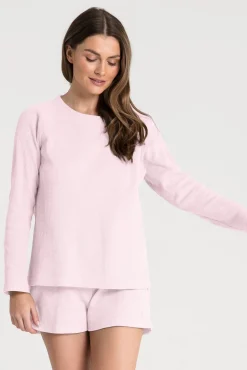 Outlet Buzka z długii rękawai z dzianiny wafeek - różowa Piżamy|Odzież Casualowa