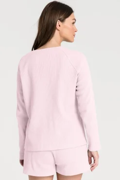 Outlet Buzka z długii rękawai z dzianiny wafeek - różowa Piżamy|Odzież Casualowa