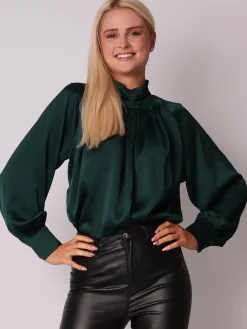 Hot Buzka z uźnyi rękawai i półgofe - zieona Bluzki
