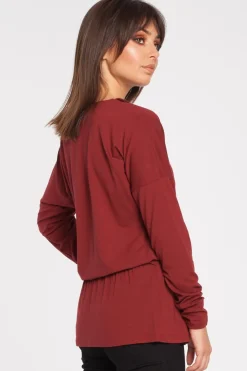 Discount Bluzka z marszczeniem w pasie - bordowa OUTLET Bluzki