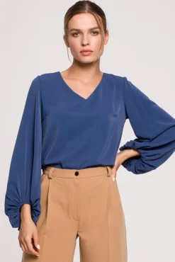 Online Bluzka z szerokimi rękawami i dekoltem - niebieska Bluzki