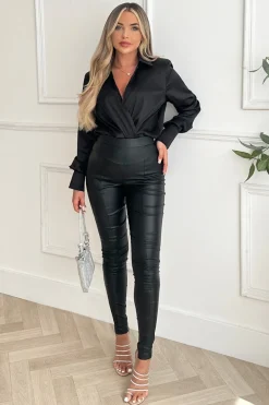 Clearance Body damskie z dekoltem i kołnierzykiem - czarne Body|Bluzki