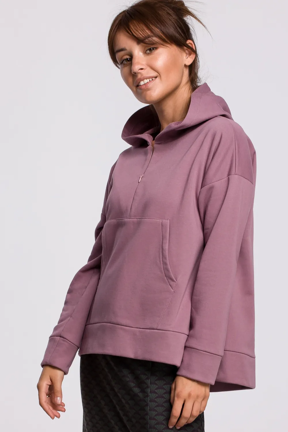 Clearance Ciepła bluza z kieszenią kangurek i kapturem - wrzosowa Odzież Casualowa|Bluzy