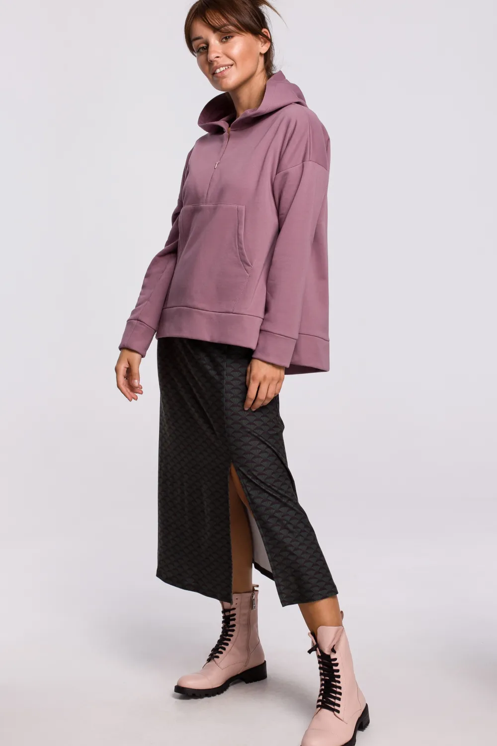 Clearance Ciepła bluza z kieszenią kangurek i kapturem - wrzosowa Odzież Casualowa|Bluzy