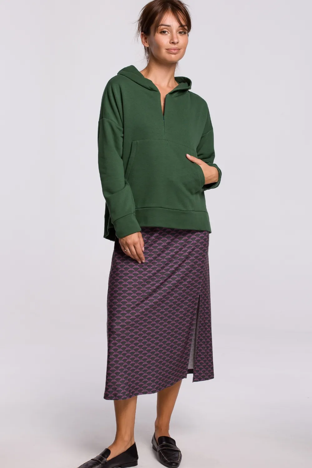 Ciepła bluza z kieszenią kangurek i kapturem - trawiasta Odzież Casualowa|Bluzy