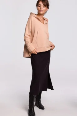 Discount Ciepła bluza z kieszenią kangurek i kapturem - beżowa Odzież Casualowa|Bluzy