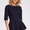Discount Dopasowana bluzka damska z plisowaną baskinką - granatowa OUTLET Bluzki