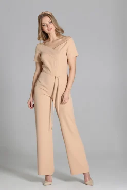 Discount Dopaowany kobinezon z dekote typu karen - beżowy Kombinezony|Eleganckie Kombinezony