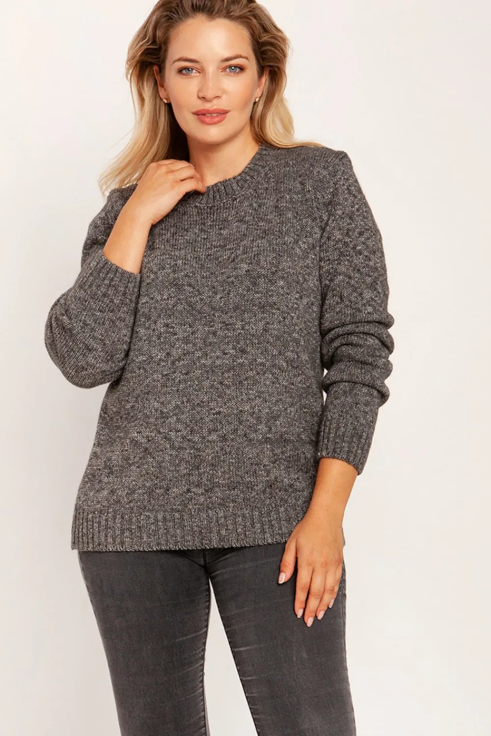 Clearance Dopasowany sweter z melanżowej dzianiny - grafitowy melanż Swetry