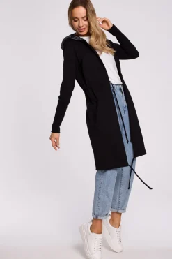 Długa bluza z kapturem i ozdobnym lampasem - czarna Odzież Casualowa|Bluzy