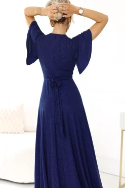 Outlet Długa ukienka axi z kopertowy dekote - granatowa z brokate Sukienki