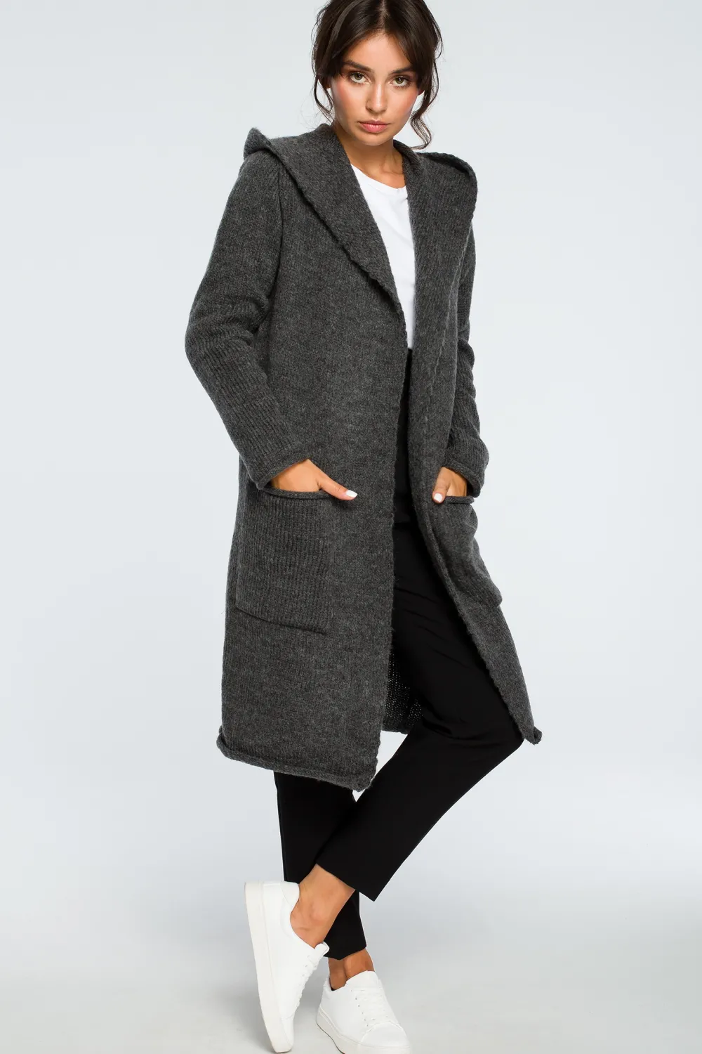 Outlet Długi niezapinany kardigan z kieszeniami - grafitowy Swetry