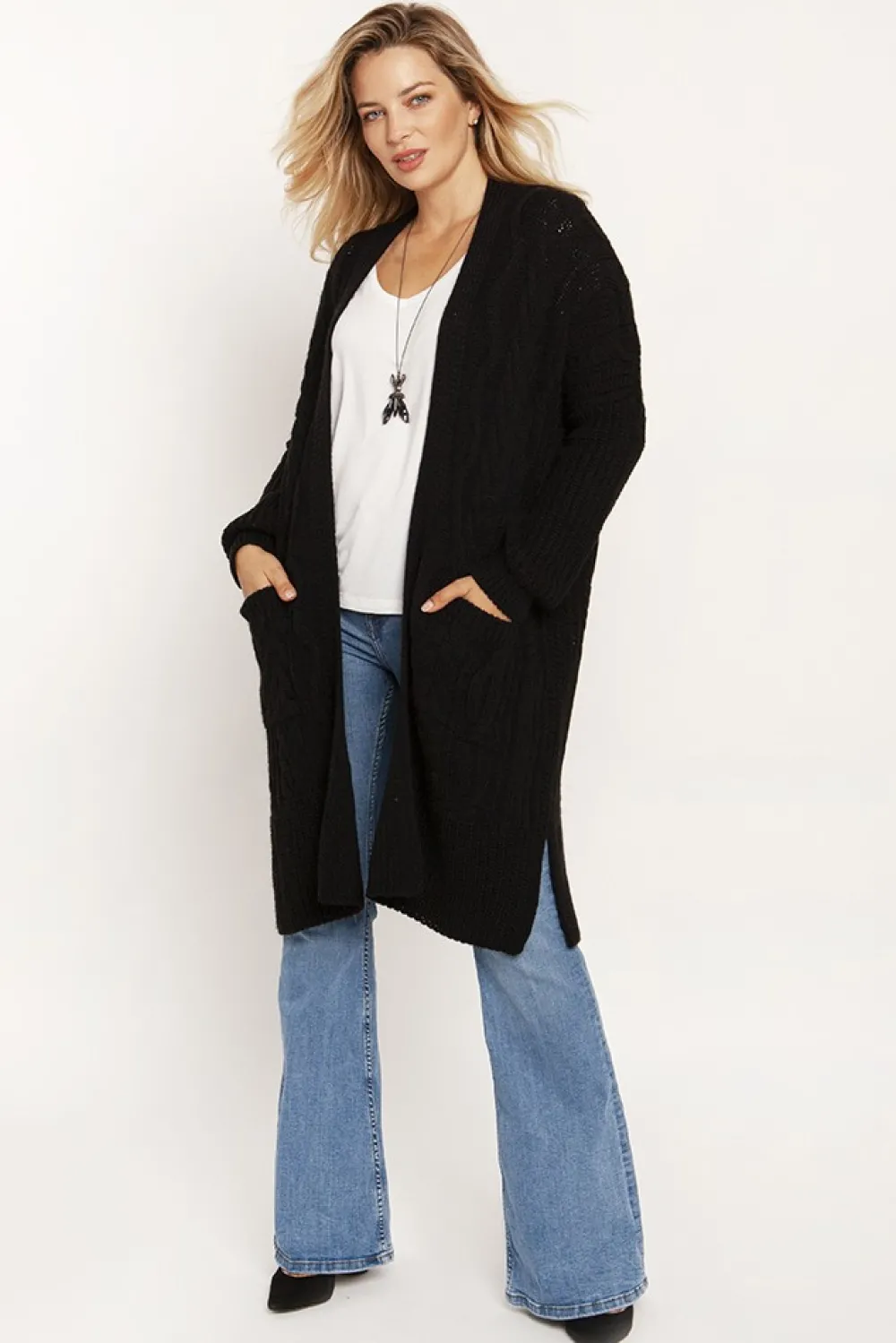 Discount Długi niezapinany sweter z kieszeniami - czarny Swetry