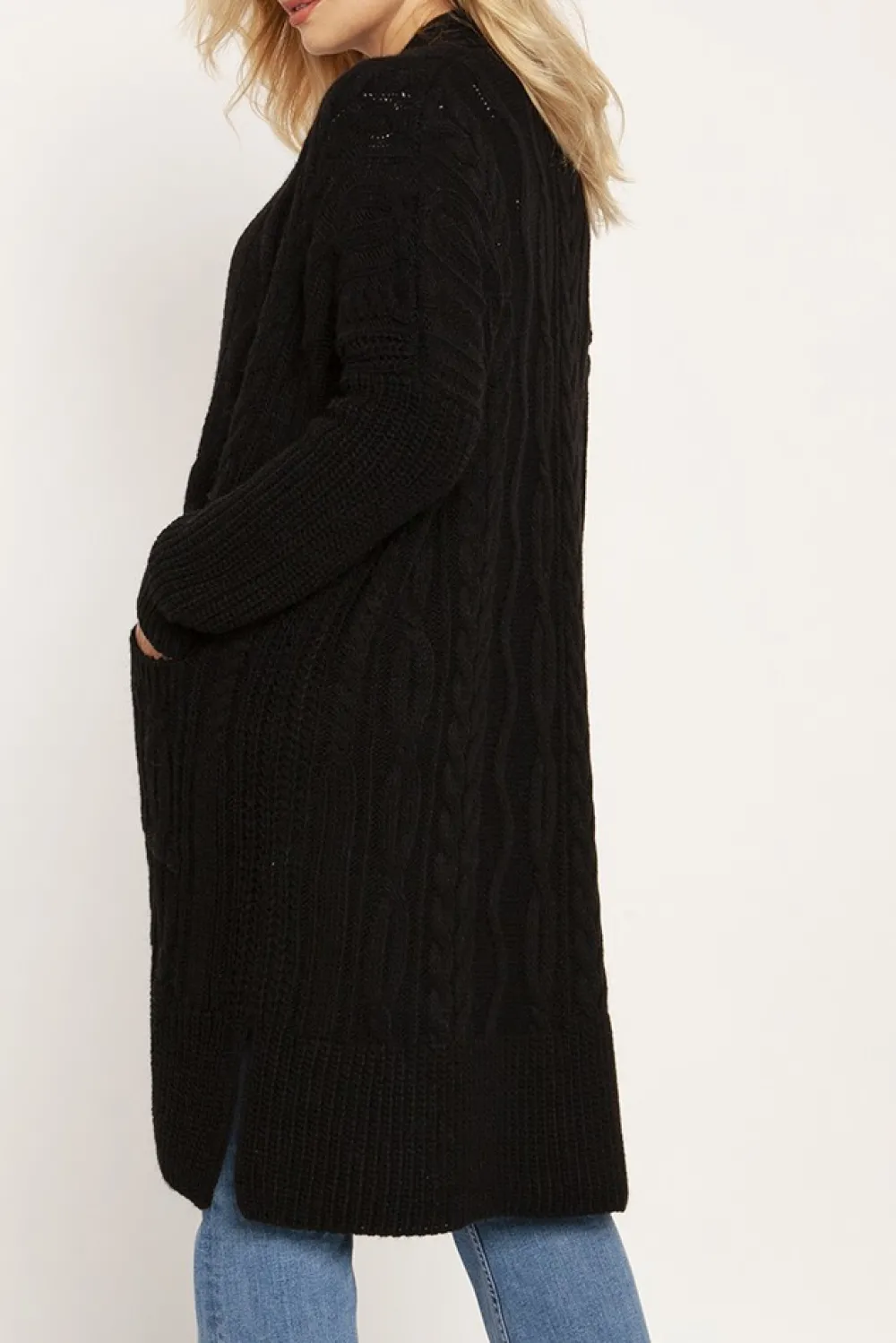 Discount Długi niezapinany sweter z kieszeniami - czarny Swetry