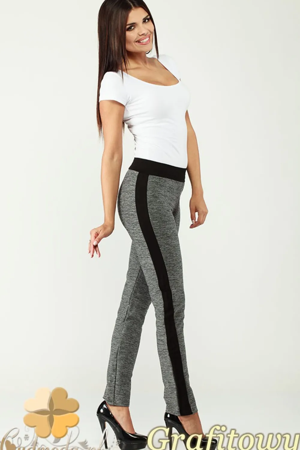 Outlet Elastyczne spodnie legginsy z lampasem - grafitowe Legginsy