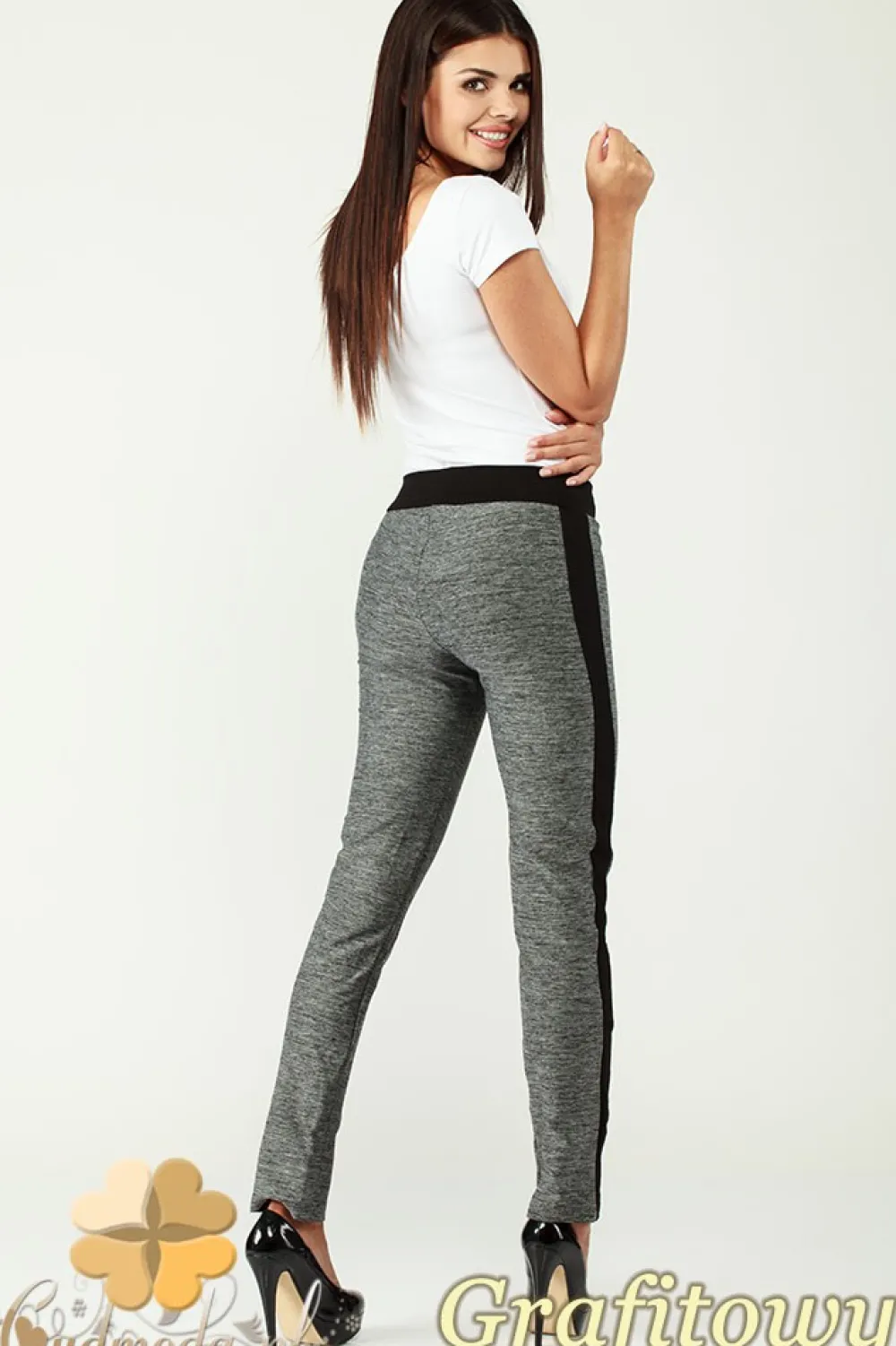Outlet Elastyczne spodnie legginsy z lampasem - grafitowe Legginsy