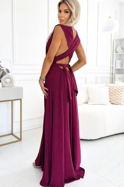 Online Elegancka sukienka maxi na ramiączkach - bordowa z brokatem Sukienki Wieczorowe|Sukienki