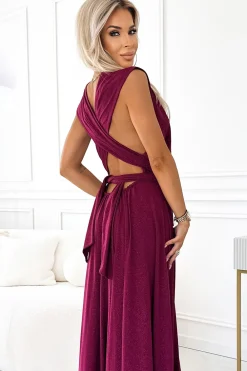 Online Elegancka sukienka maxi na ramiączkach - bordowa z brokatem Sukienki Wieczorowe|Sukienki
