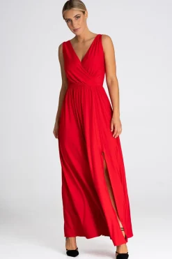 Elegancka sukienka maxi z dekoltem V - czerwona Sukienki Wieczorowe|Sukienki