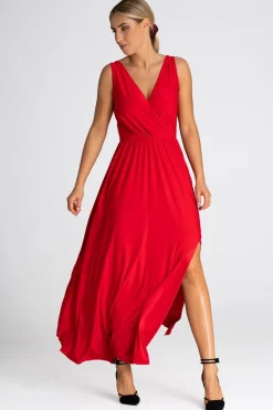 Elegancka sukienka maxi z dekoltem V - czerwona Sukienki Wieczorowe|Sukienki