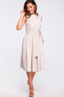 Clearance Elegancka sukienka w kontrafałdy - beżowa Midi|Sukienki