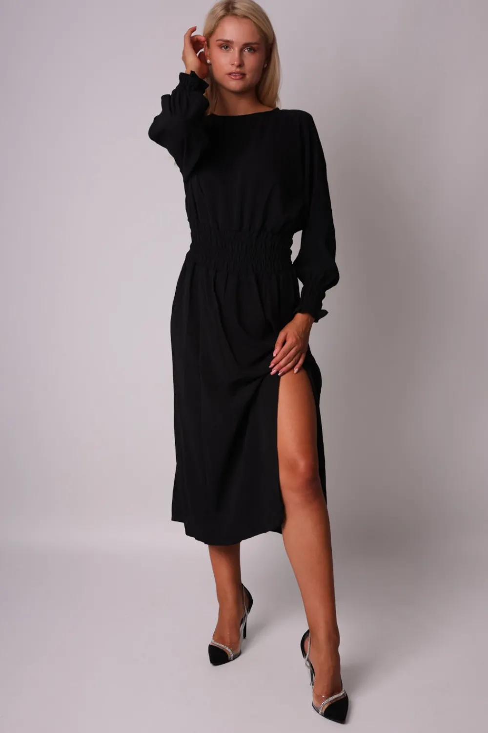 Sale Elegancka sukienka z elastyczną talią - czarna Sukienki Wieczorowe|Sukienki