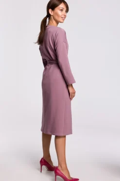 Sale Elegancka sukienka z paskiem w talii - wrzosowa Sukienki Dzianinowe|Sukienki