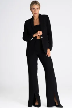 Sale Eleganckie spodnie damskie z rozcięciem - czarne Spodnie