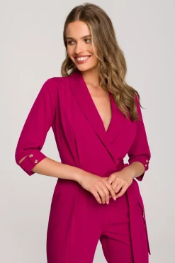 Outlet Elegancki kombinezon z kołnierzem szalowym - śliwkowy OUTLET Eleganckie Kombinezony|Kombinezony