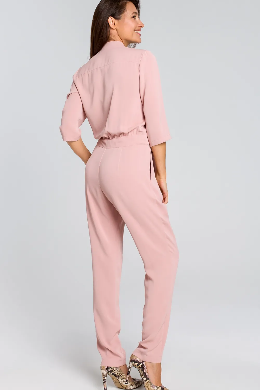 Outlet Elegancki kombinezon z paskiem - pudrowy Eleganckie Kombinezony|Kombinezony