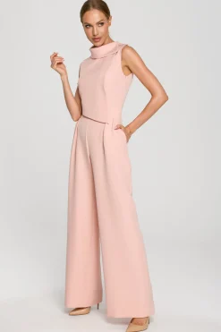 Clearance Eegancki kobinezon z zerokii nogawkai - pudrowy Eleganckie Kombinezony|Kombinezony