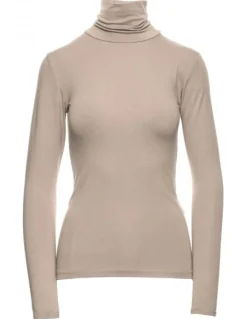 Online Gładki golf damski z długim rękawem - cappuccino Golfy|Bluzki
