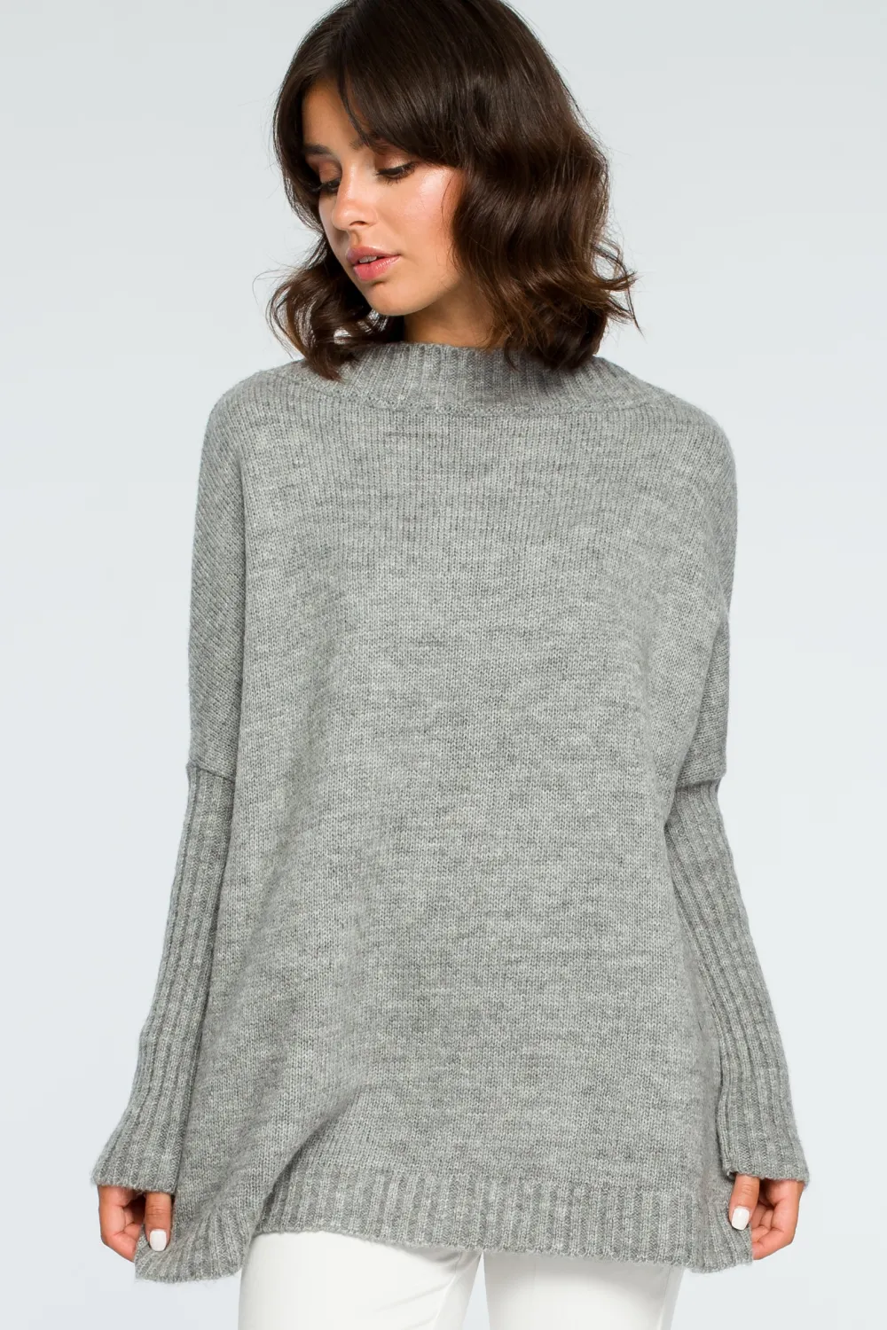 Best Gruby sweter ze ściągaczem w rękawie - szary Swetry