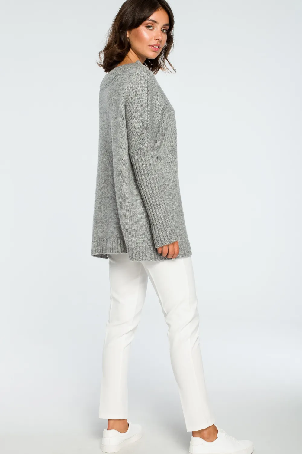 Best Gruby sweter ze ściągaczem w rękawie - szary Swetry