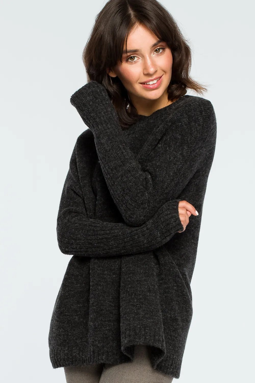 Hot Gruby sweter ze ściągaczem w rękawie - antracytowy Swetry