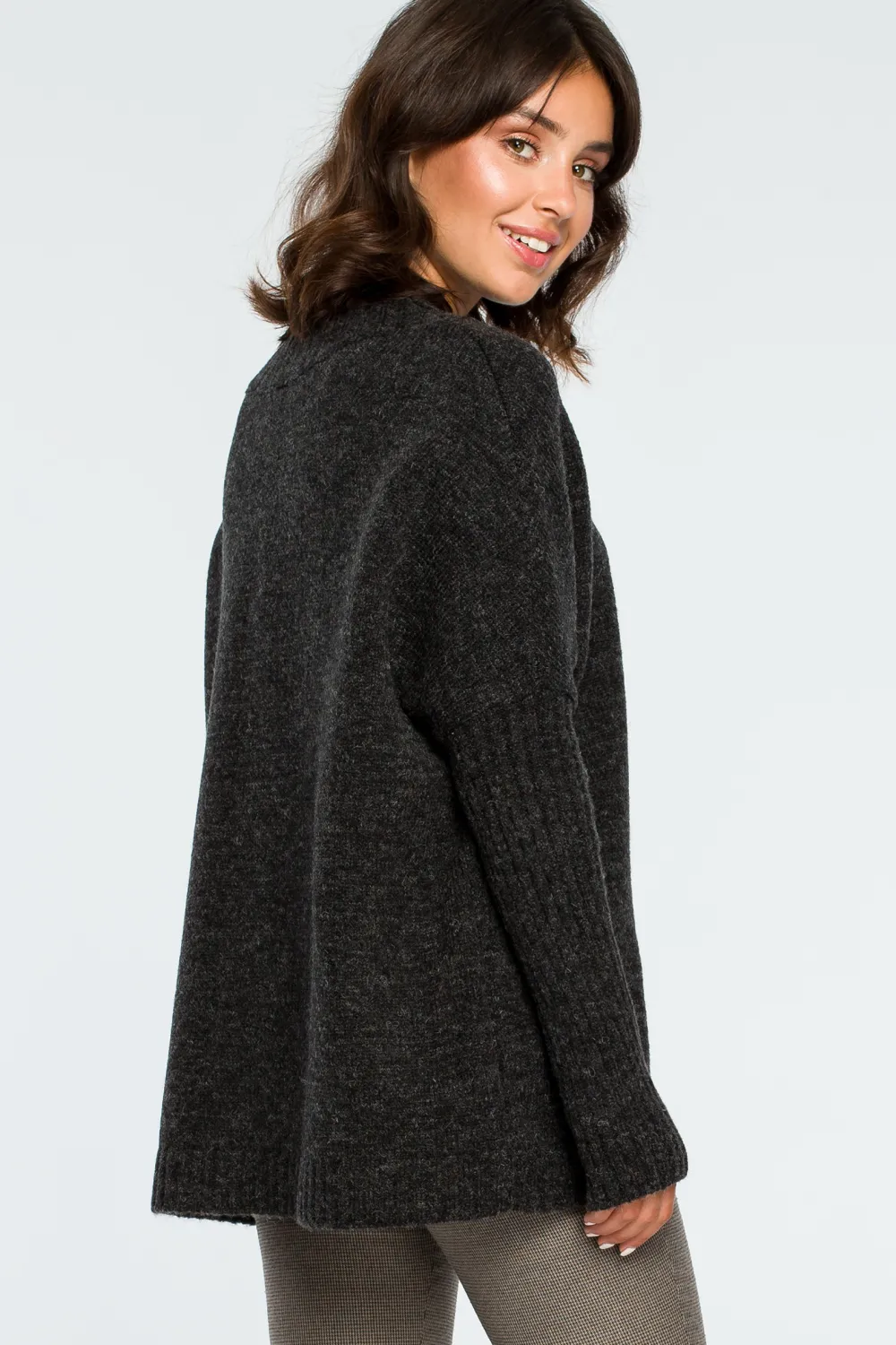 Hot Gruby sweter ze ściągaczem w rękawie - antracytowy Swetry